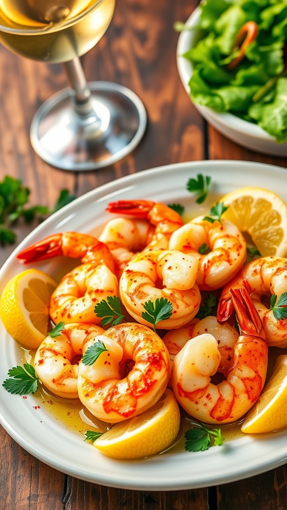 Baked lemon garlic shrimp garnished with parsley and lemon wedges on a rustic table.